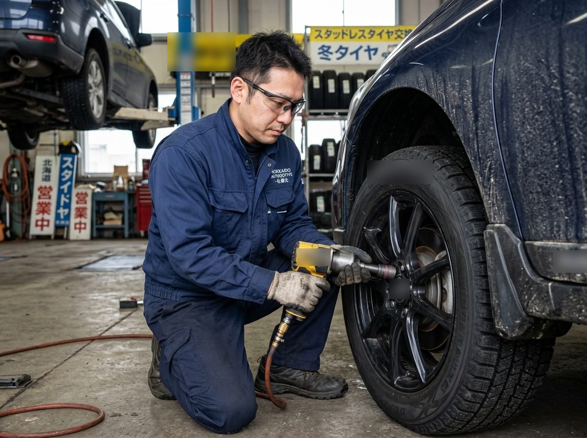 タイヤを替えているところ