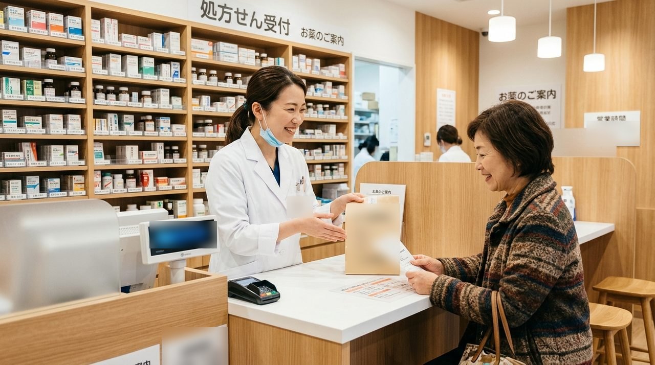 清潔で明るいカウンターで丁寧にお薬を説明する薬剤師